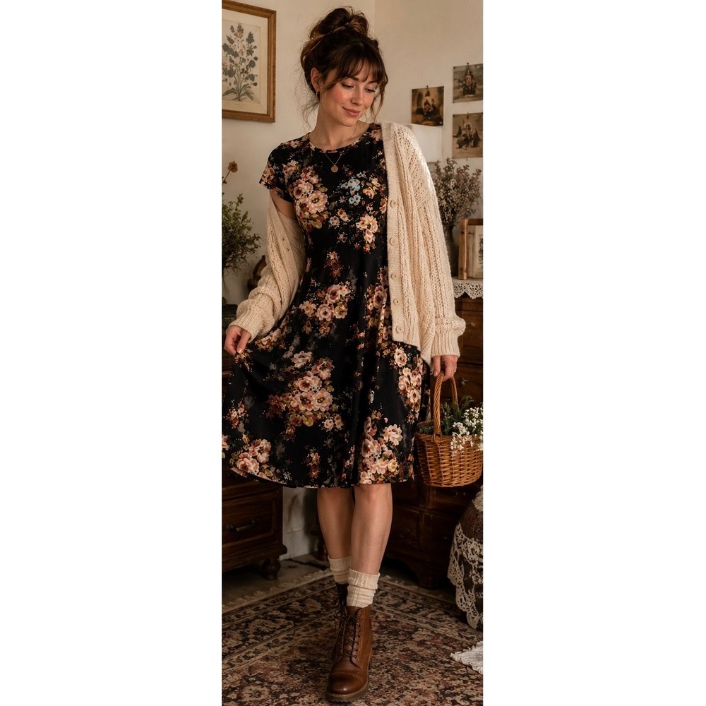 Pomelo Floral Swing Dress Black Rose Print Made in USA Women's